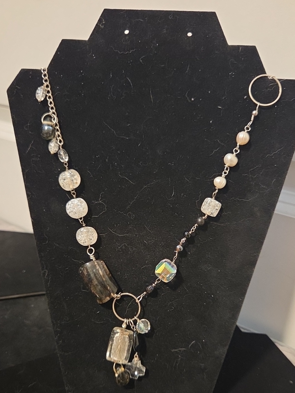 Longline Asymmetrical Mixed-Media Y Necklace – Cross Charm & Quartz